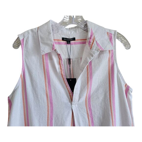 FOR CYNTHIA Women L Tunic Blouse Vertical Striped Linen Viscose Pockets 38" NEW - Picture 2 of 9